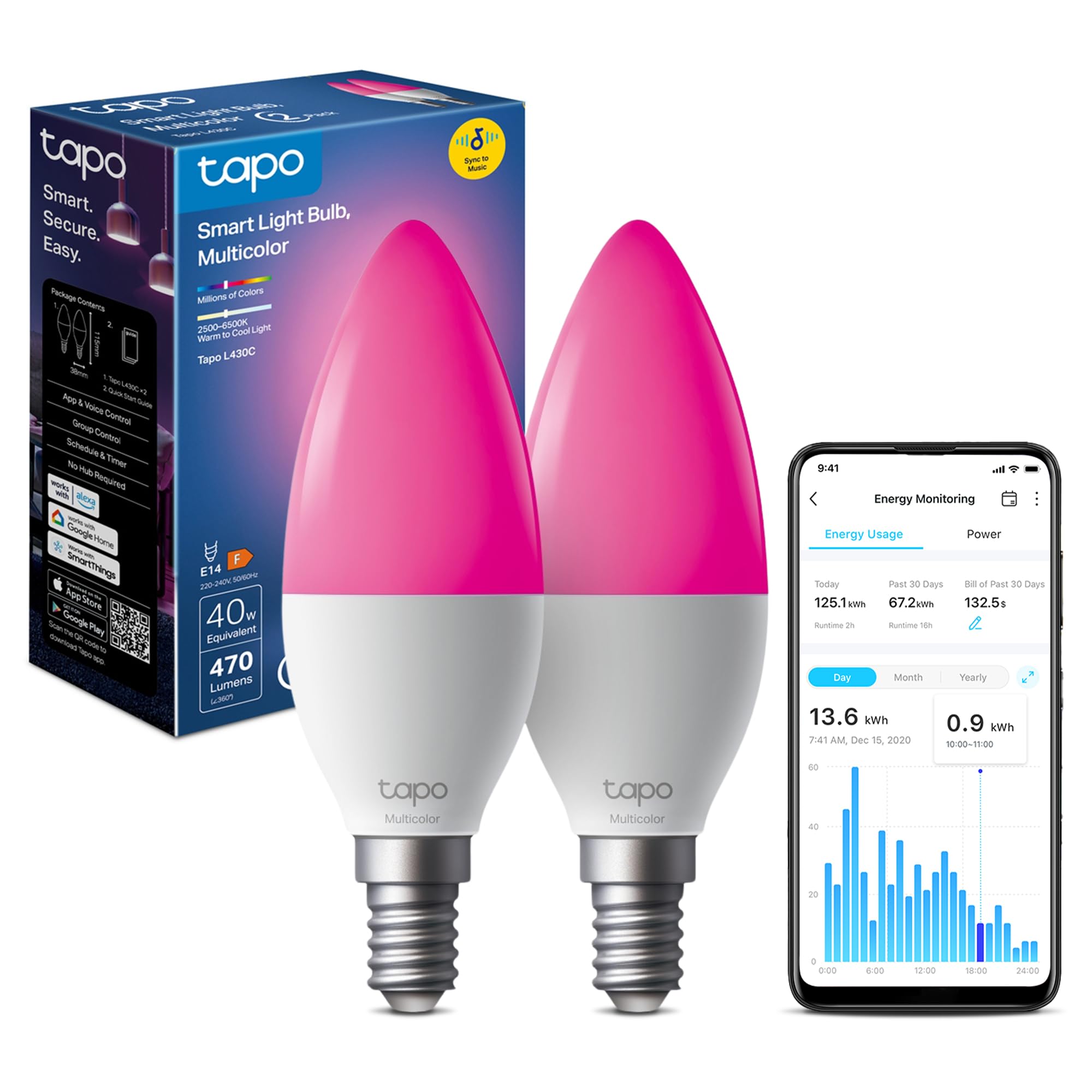 Tapo L430C(2-Pack) Smart Bulb, Alexa Light Bulbs, E14, LED Light Bulb, 470 Max Lumens, Dimmable, Colour Changing Light Bulb, Auto Biorhythm,Music Sync,Voice/APP Control,Schedule & Timer