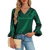 Womens Satin Silk Blouses 3/4 Sleeves Ruffle Shirts Dressy Business Casual Tops V Neck Pleated Elegant Work Office Wear