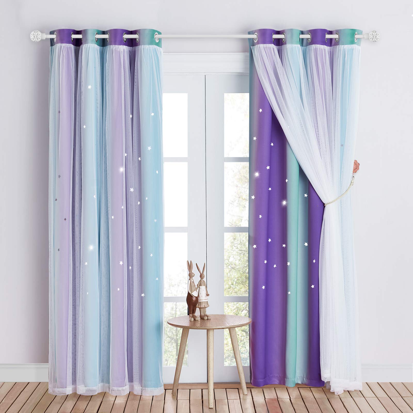NICETOWN - Blue Blackout Curtain - Curtains with White Voile - Bedroom Decoration for Children's Room, Living Room - Romantic and Colourful with Star Double Layers - W 132 x H 240 cm, Blue + Purple, 2