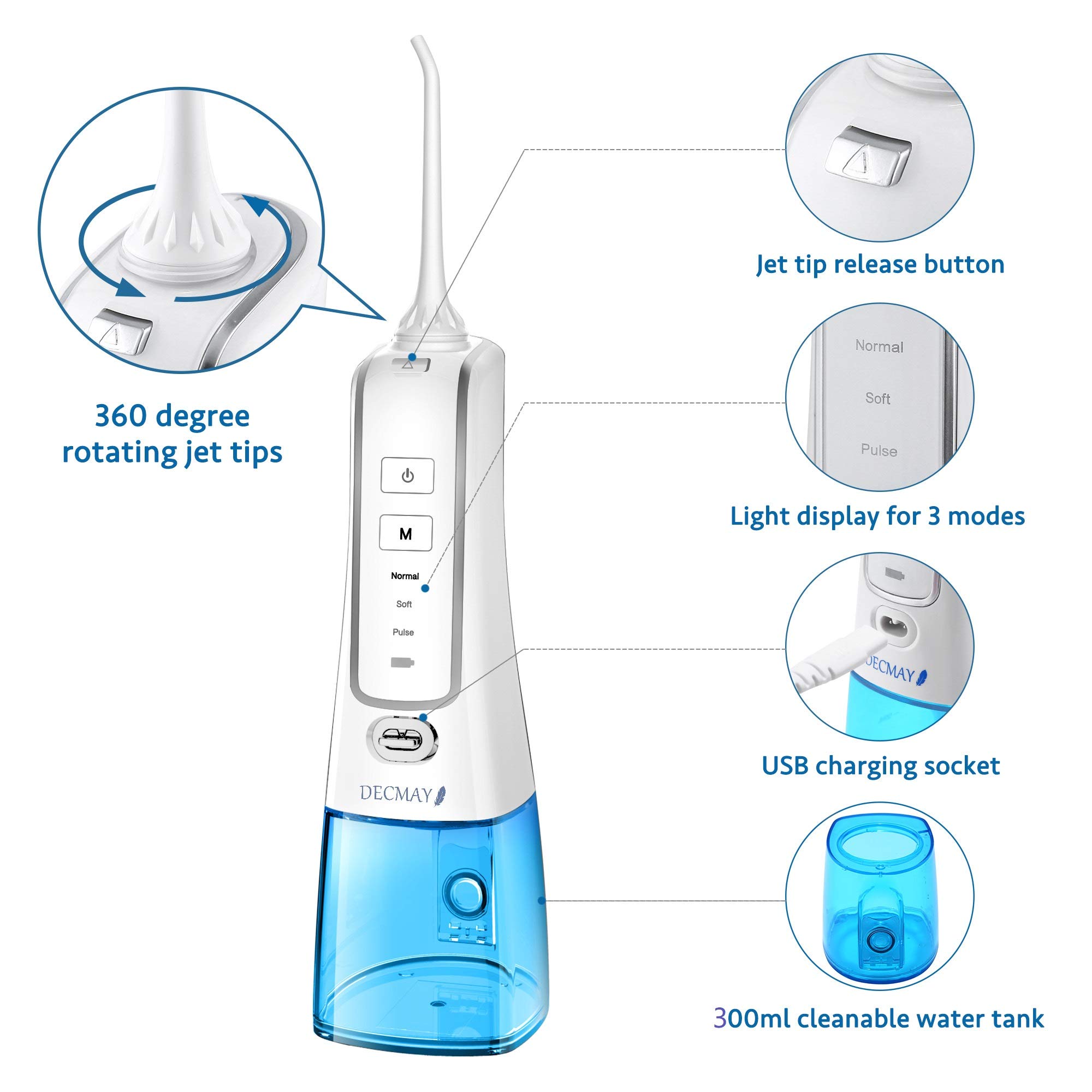 Cordless Water Flosser Teeth Cleaner, 300ML Rechargeable Oral Irrigator Portable for Teeth Dental Flosser with 3 Modes 4 Jet Tips IPX7 Waterproof and LCD Battery Indicator for Travel and Home Use