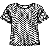 Noomelfish Girls Fishnet Crochet Crop Tops Kids Short Sleeve Mesh Dance T-Shirts Blouse(5-12 Years)
