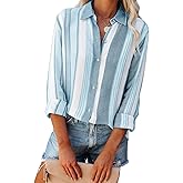 Linen Shirts for Women Button Down Shirts Long Sleeve Collared Blouses Striped Casual Work Tops Cowgirl Western Outfits