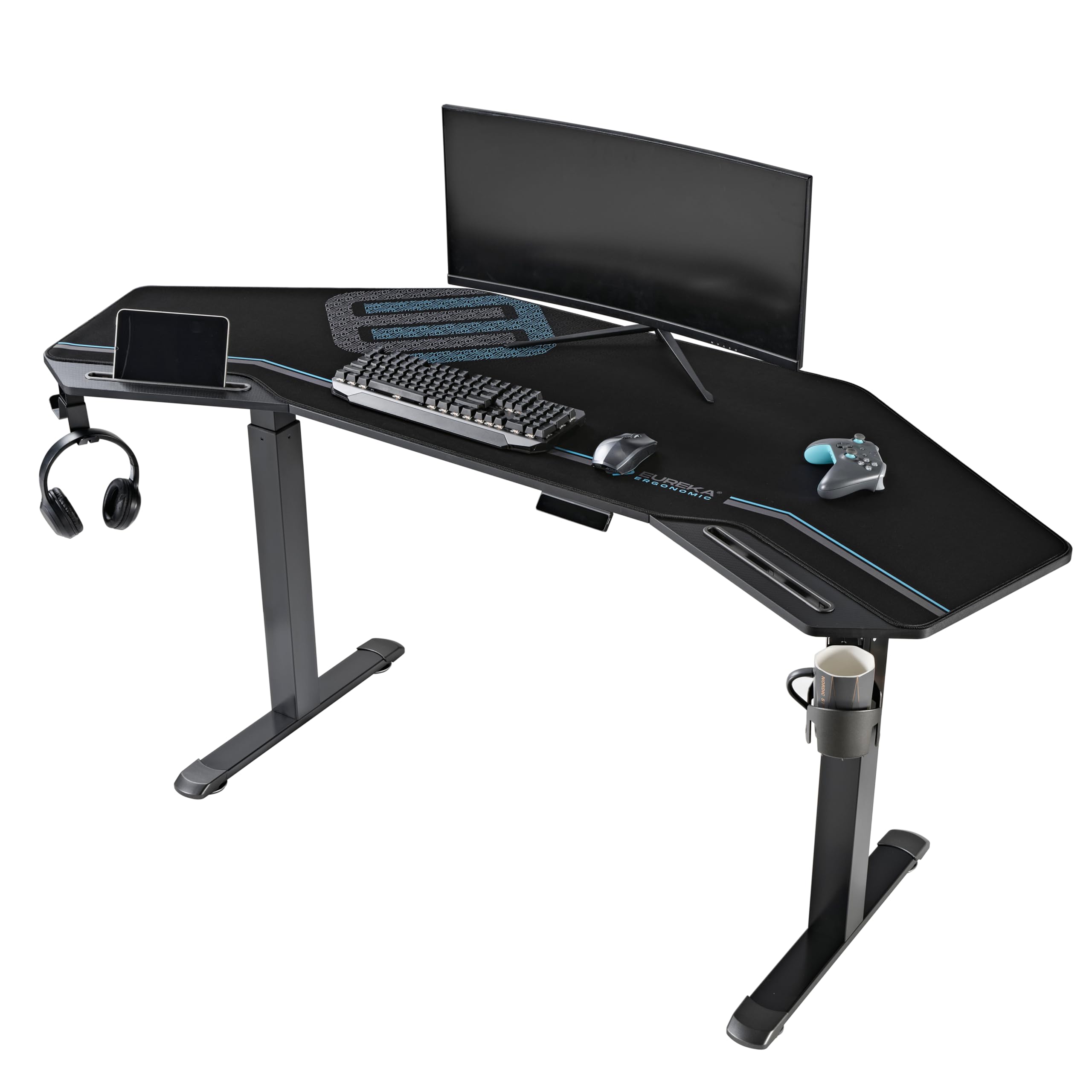 EUREKA ERGONOMIC Escritorio de pie para juegos con motor dual, escritorio de estudio de música en forma de ala de 72 pulgadas, mesa eléctrica de altura ajustable para grabación en vivo, diseño de ranura, negro
