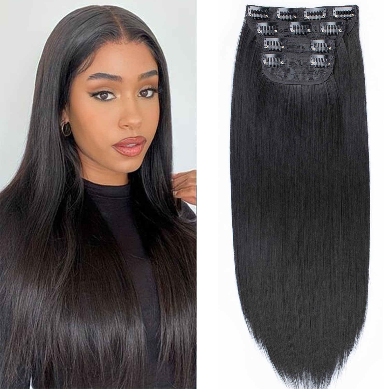 MSCAT 24 Inch Clip-in Hair Extensions - Straight Synthetic Hair for Women & Girls (4PCS Full Head Set, Thick, 1B#)