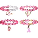 FAERLIIRY Pink Ribbon Bracelets Breast Cancer Survivor Gifts for Woman Glitter Beaded Bracelet HOPE FIGHT Pink Bracelets Breast Cancer Survivor Support Jewelry Gifts