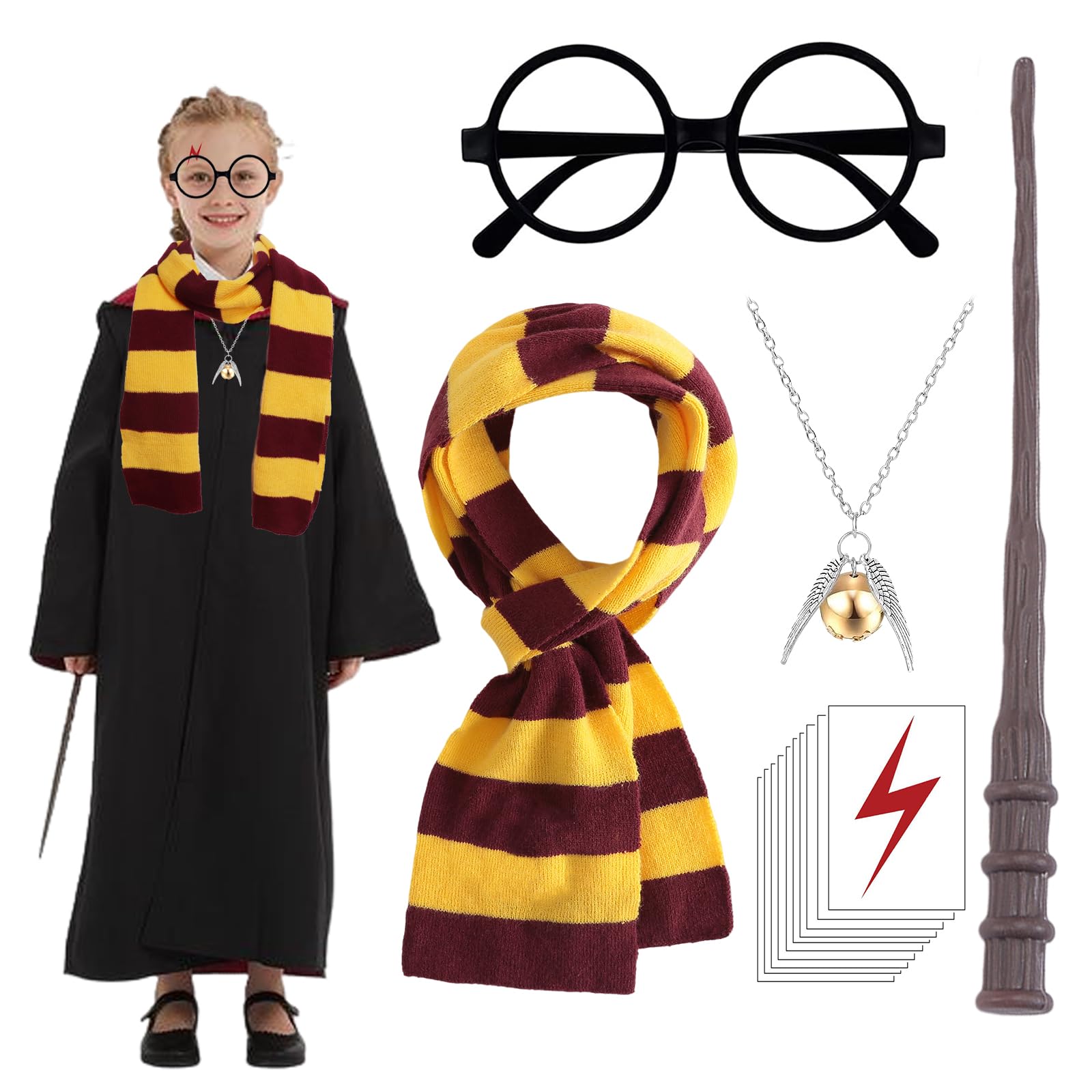 Beamely 14 Pcs Wizard Costume Accessories Set, Harry Cosplay Accessories Kit with Magic Wand, Necklace, Scarf, Glasses, Tattoo Sticker Wizard Cosplay Outfit for World Book Day, Halloween