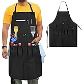 HODRANT Large BBQ Grilling Apron, Cooking Apron for Men with Pockets & Slit Hem, Kitchen Apron with Adjustable Neck Strap for Men & Women, Work Apron for Chef, Barber, Painter, Carpenter, Apron Only