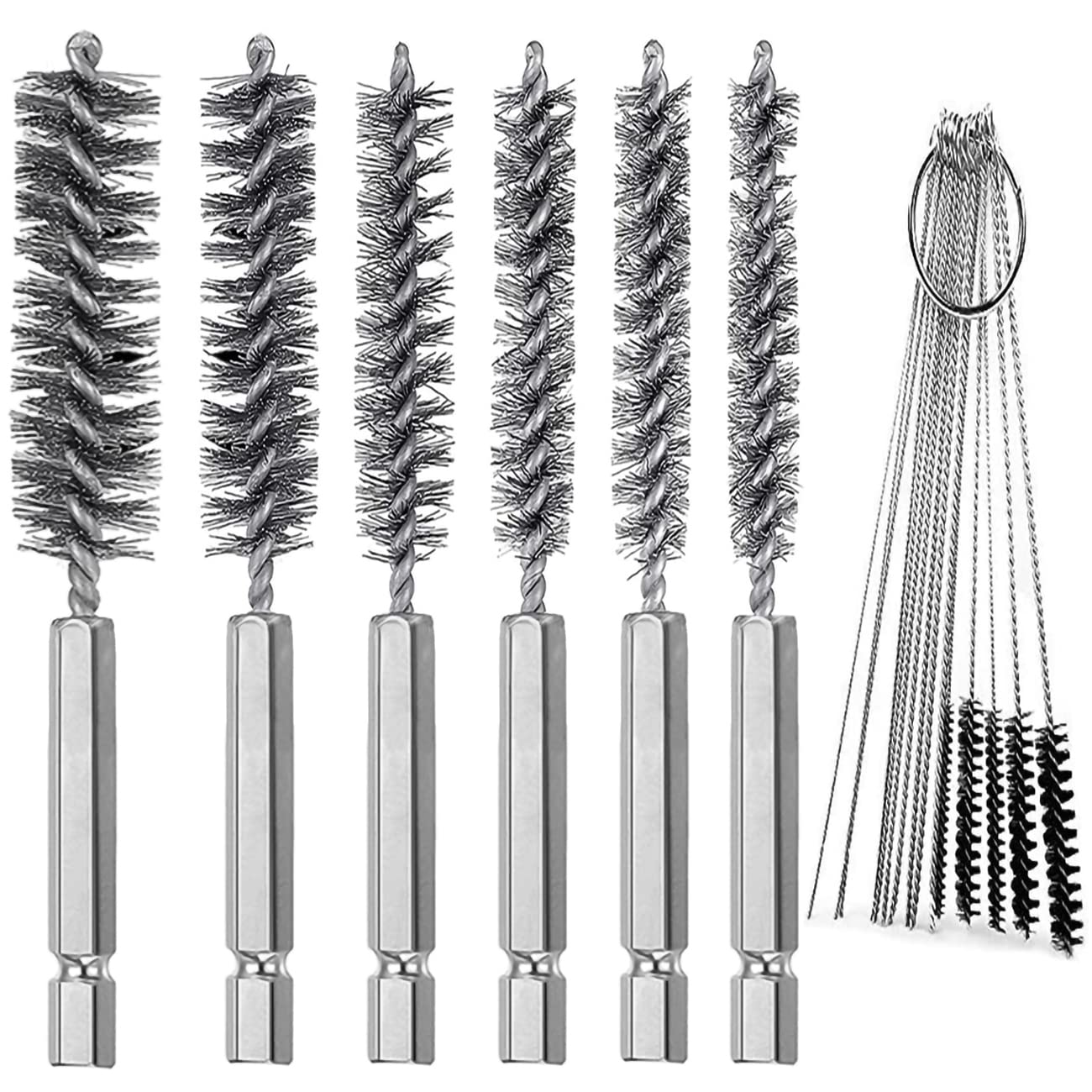 6 Pieces Stainless Steel Bore Brush in Different Sizes + 15 Pcs Cleaning Needles Nylon Brushes Tools, Twisted Wire Brush with Handle 1/4 Inch Hex Shank Attachment Drill Set for Tubes Ports Bearings