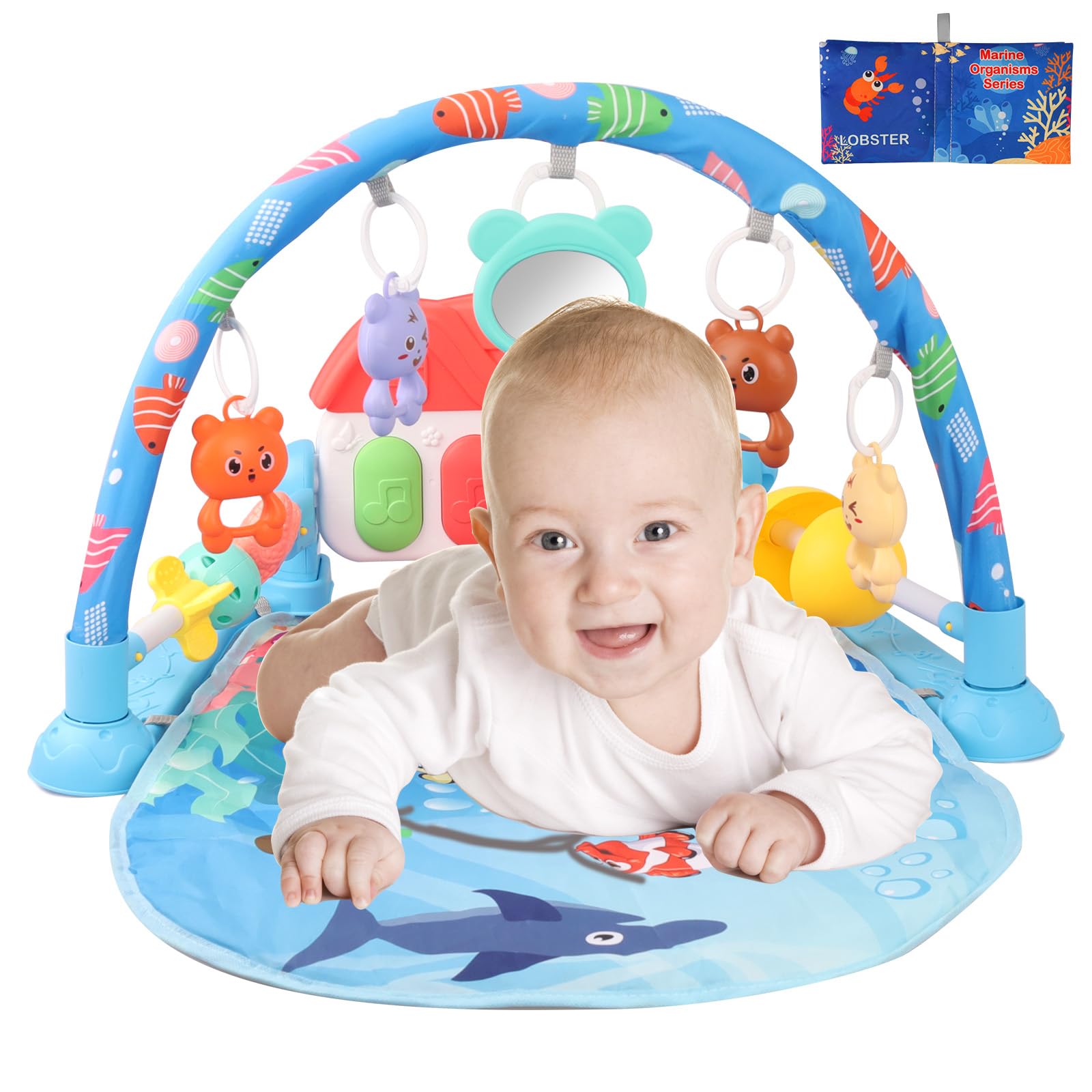 Photo 1 of OSGIGH Baby Play Mat Baby Gym Play Piano Tummy Time Activity Mat, 5 Infant Sensory Baby Toys, Music and Lights Boy & Girl Gifts for Newborn Baby 0 to 3 6 9 12 Months (Blue)