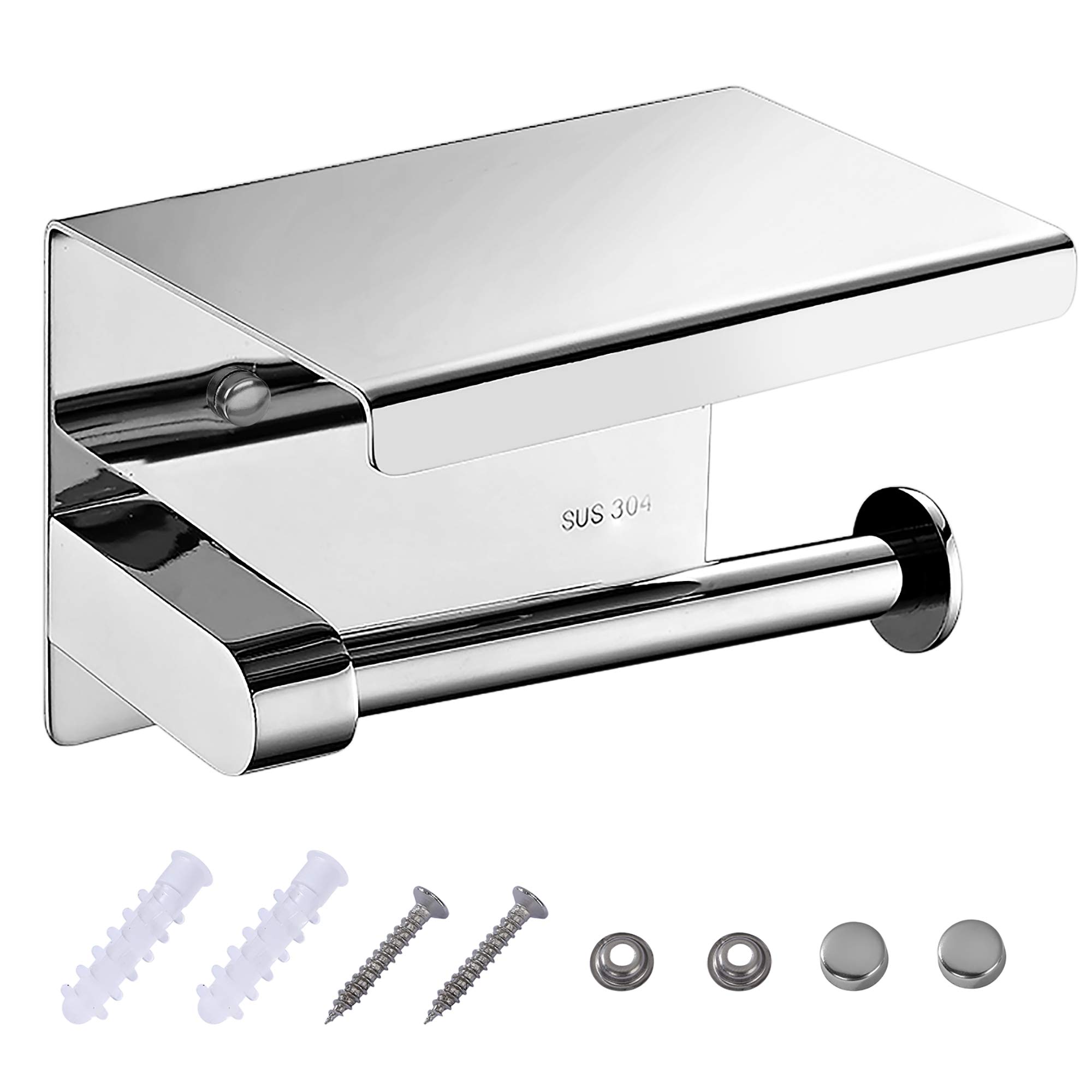 Toilet Roll Holder SUS304 Stainless Steel Polished Toilet Paper Holder Wall-Mounted with Screws WC Tissue Roll Dispenser with Phone Shelf for Bathroom and Kitchen