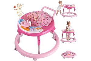 ErmeiRabbit Baby Walker Foldable, Baby Walkers and Activity Center for Boys Girls Babies 6-18 Months with Feeding Tray & Music, and 5 Adjustable Heights, Baby Walker with Wheels…