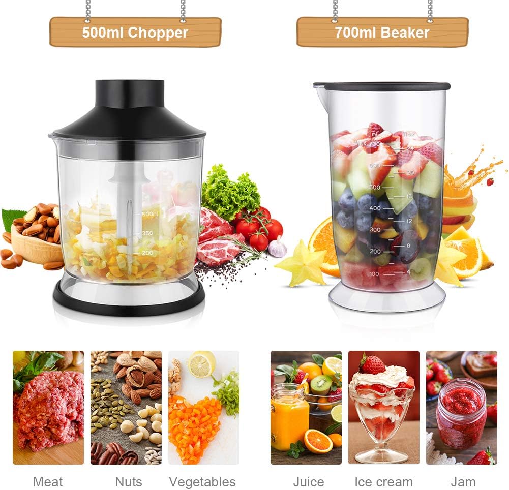 YISSVIC Hand Blender 1000W 700ml Immersion Blender 9 Speed Control, 4 In-1 Powerful Stick Blender, Chopper, Whisk, BPA-Free, 500ml Food Grinder for Sauces Smoothie Puree Infant Food: Kitchen & Dining