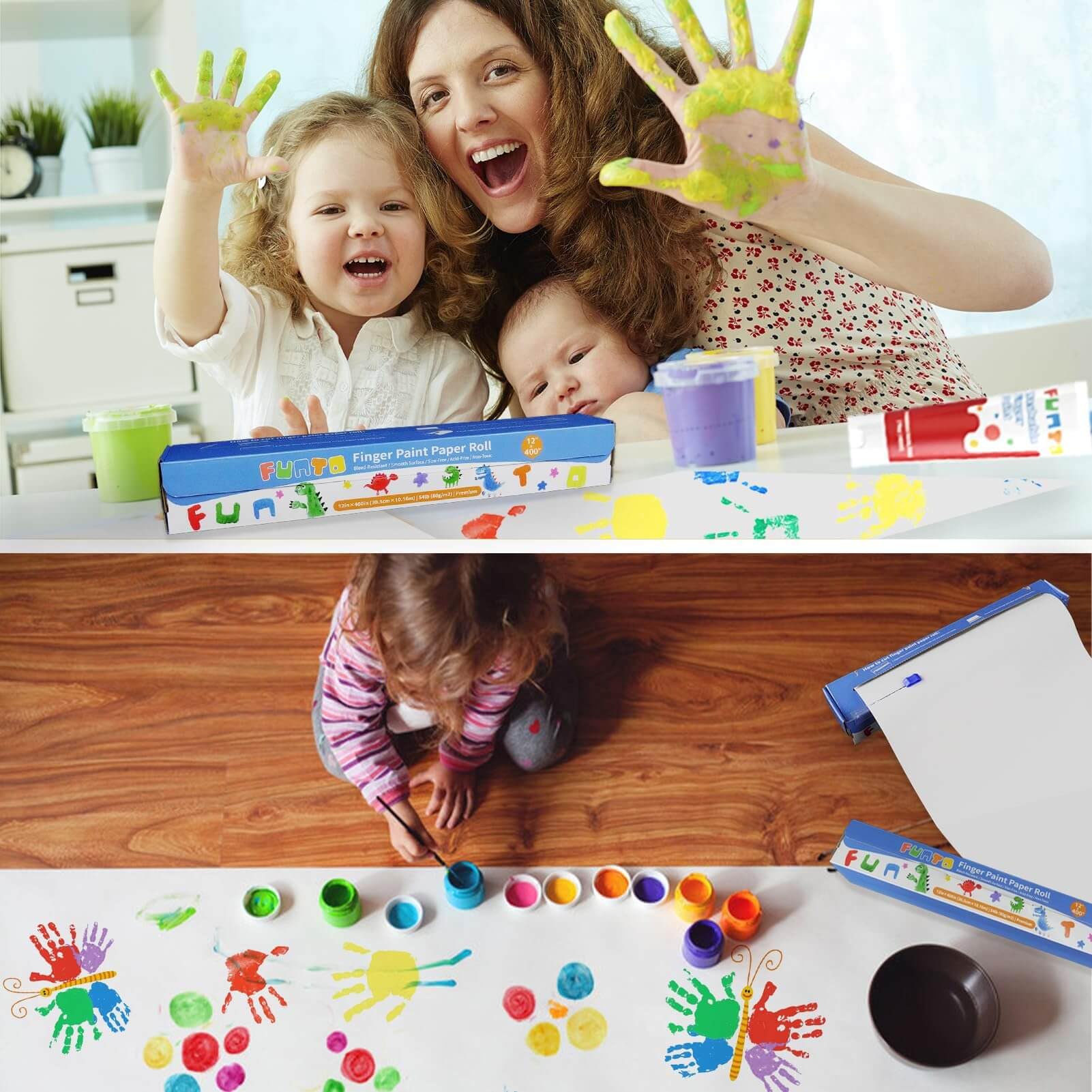 Funto Finger Paint Paper Roll, 12''x400'', Size-Free, White, Large Paint Paper for Toddlers, Art Paper for Kids, Paper for Painting, Easy to Cut