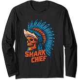 Shark Chief Skull Headdress with Native American Indian Long Sleeve T-Shirt
