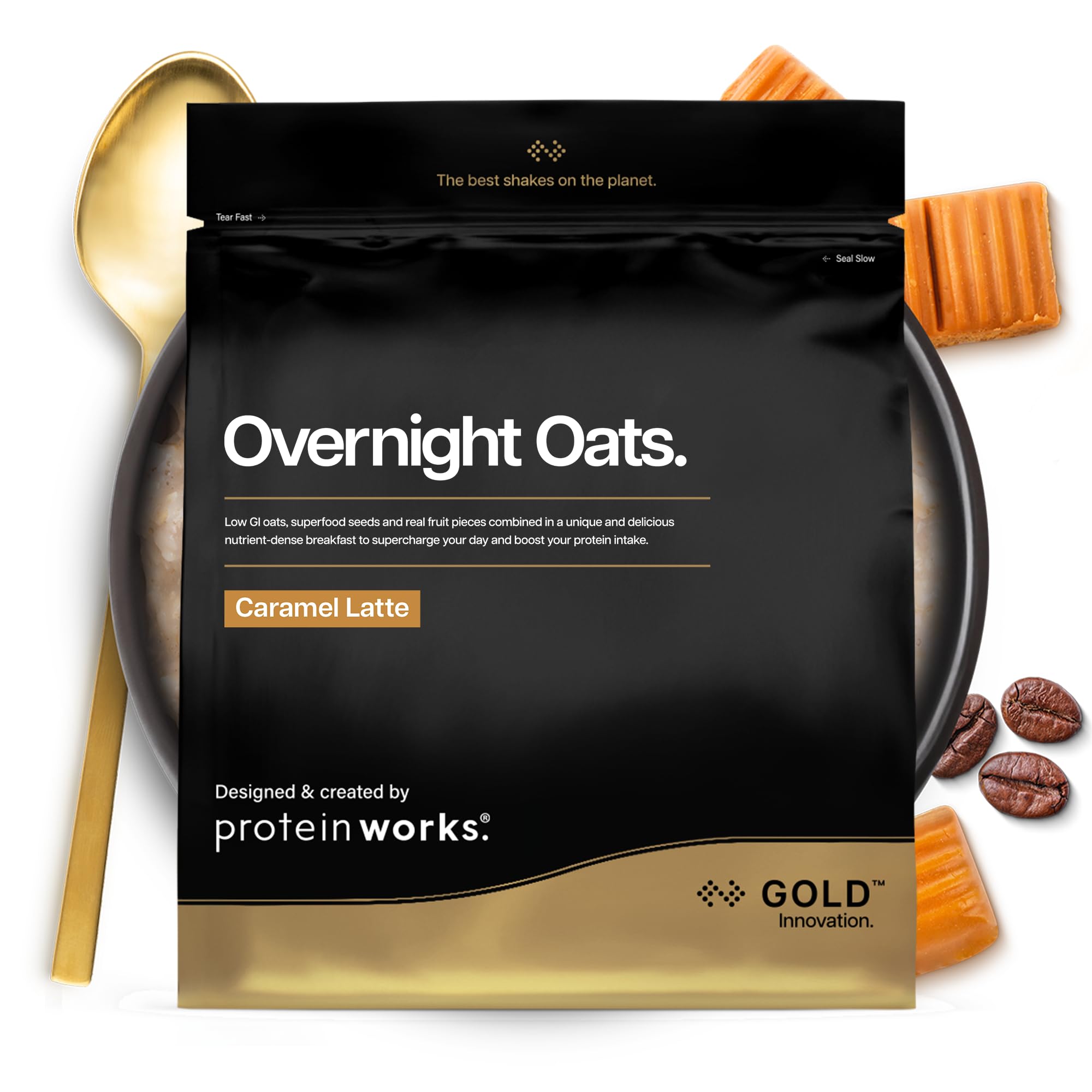 Protein Works | Overnight Oats - Gold Innovation, High Protein Breakfast, Chia & Flax Seed, Supports Healthy Weight Loss, Low Sugar, Caramel Latte, 14 Servings, 1kg