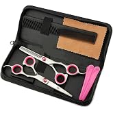 Professional Hair Cutting Scissors Shears Barber Thinning Set Kit- Family Hair Cutting,Barber Hair Cutting Tool Thinning texturizing/Pink 6"