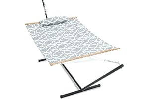 Gafete 55 Inch Large Two Person Hammocks with Stand Included, 12ft Heavy Duty Steel Stand, Double Hammock with Hardwood Spreader Bar Soft Pillow for Patio Outdoor, Max 475lbs Capacity (Grey)