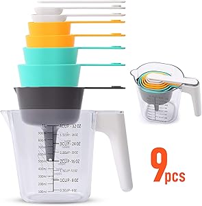9 Piece Measuring Cups and Spoons Set, Stackable Kitchen Measurement Tools, Dry, Wet and Liquid Use, Baking and Cooking Support