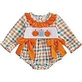 Engofs Baby Girl Halloween Outfit Long Sleeve Pumpkin Smocked Plaid Romper Fall Winter Clothes