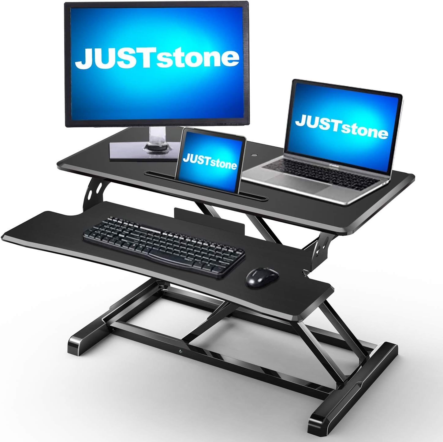 Standing Desk Converter Computer Workstation Adjustable Height, JUSTSTONE 32 inches Stand Up Desk Riser for Standing or Sitting Home Office with Removal Keyboard Tray Fits Dual Monitors, Black