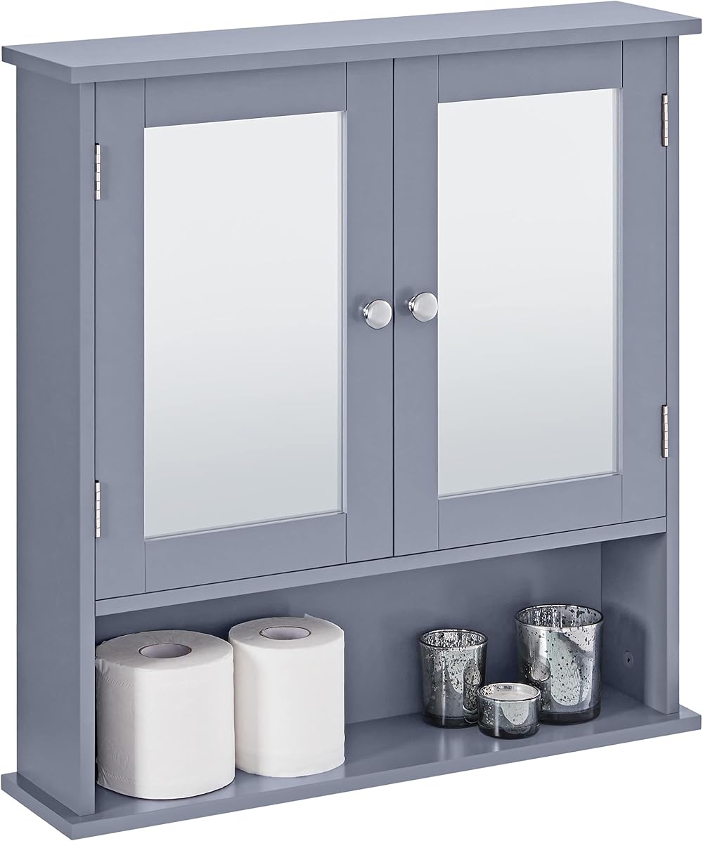 Yaheetech Wall-Mounted Mirror Cabinet Grey 56x58x13 cm with Adjustable Shelves