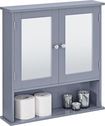 Yaheetech Wall-Mounted Mirror Cabinet Grey 56x58x13 cm with Adjustable Shelves