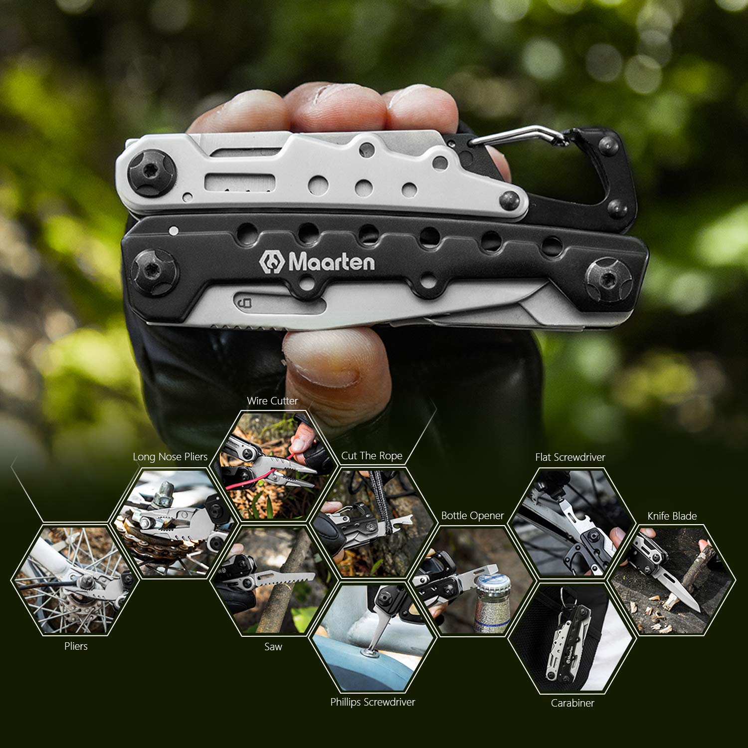 Maarten Multifunktionszange, 11 in 1 Kleines Karabiner Multitool Werkzeug, Faltbares Edelstahl Multifunktionswerkzeug mit Sicherheitsschloss und Nylonscheide, Geschenke für Männer Weihnachtsgeschenke 4