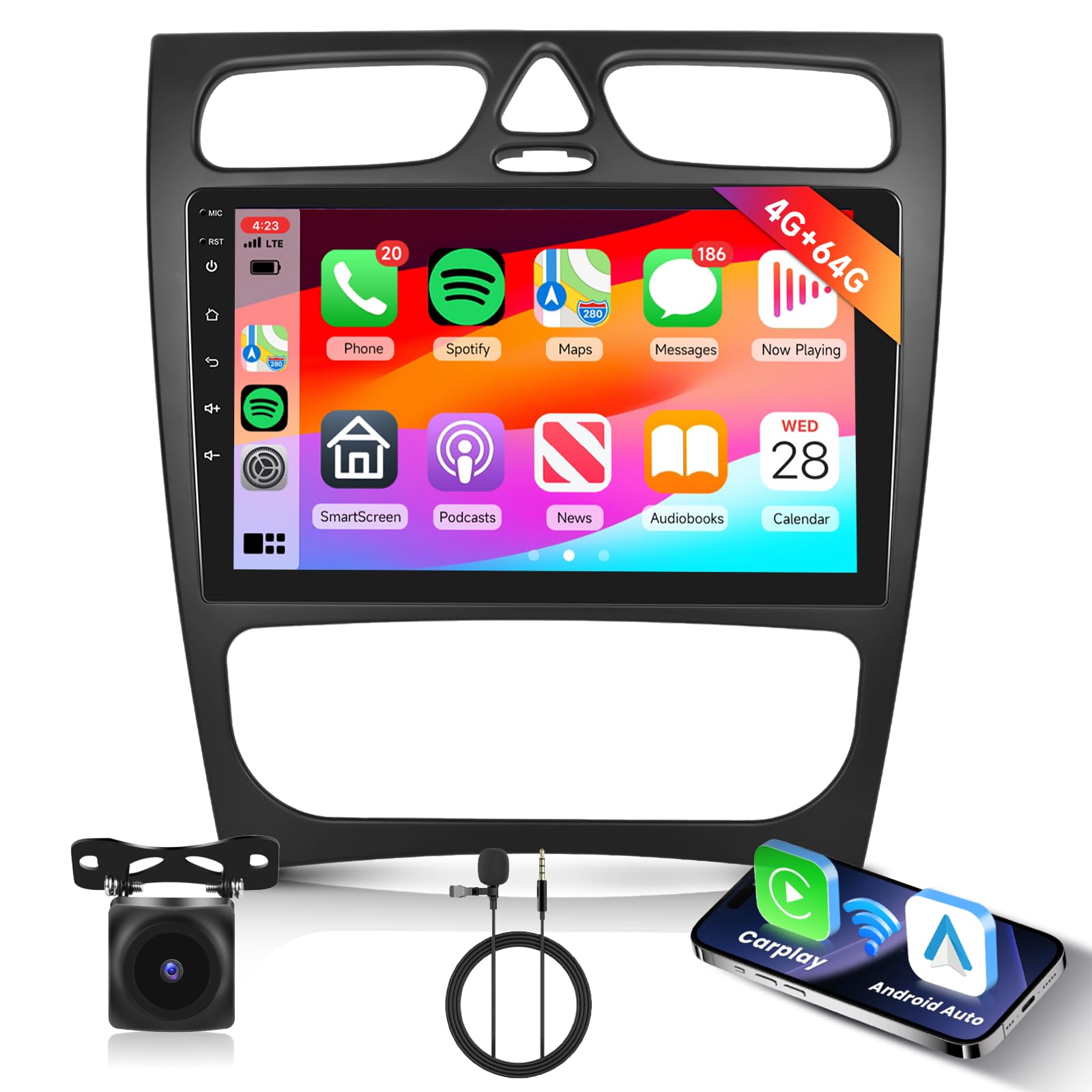 Photo 1 of [4G+64G] Android Car Stereo for Mercedes Benz C Class W203 C200 C320 CLK W209 2000-2005 with Wireless Carplay Android Auto, Hodozzy 9 inch Touch Screen with Mirror Link, Bluetooth, WiFi, DSP, FM/RDS