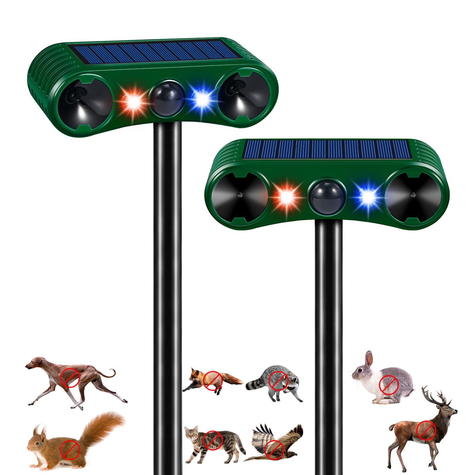 Photo 1 of Solar Ultrasonic Nocturnal Animal Repellent Sonic Fortress Pro Deer Rabbit Repeller Raccoon Squirrel Deterrent with Flash Light Motion Sensor to Keep Cat Dog Fox Skunk Out of Garden Yard (2Pack)