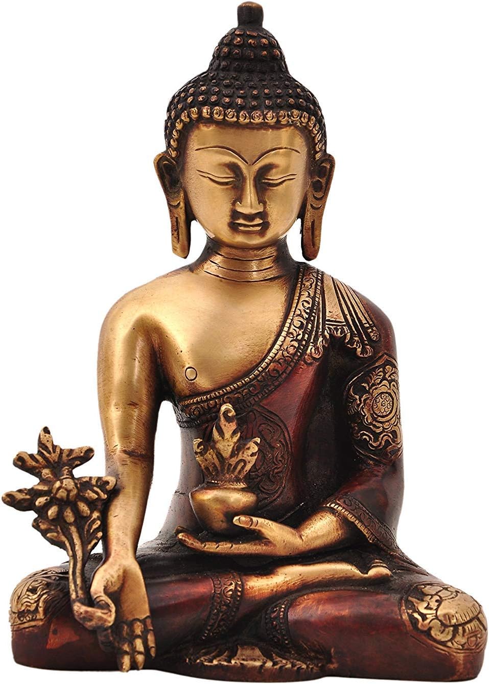 Buddha Medicine Asthamangal in Nepali Red Showpiece - 20 cm (Brass, Gold)