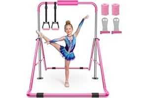 Sportsroyals Gymnastics Bar for Kids,Adjustable Height Gymnastic Horizontal Bars,Folding Gymnastic Junior Training Kip Bar for Home, Pink