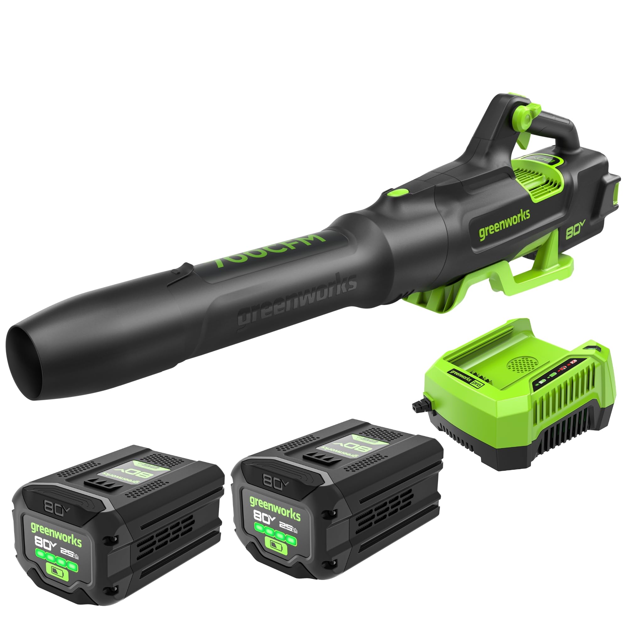 Greenworks 80V (700 CFM) Brushless Cordless Leaf Blower, (2) 2.5Ah Batteries and 45 Minute Rapid Charger Image