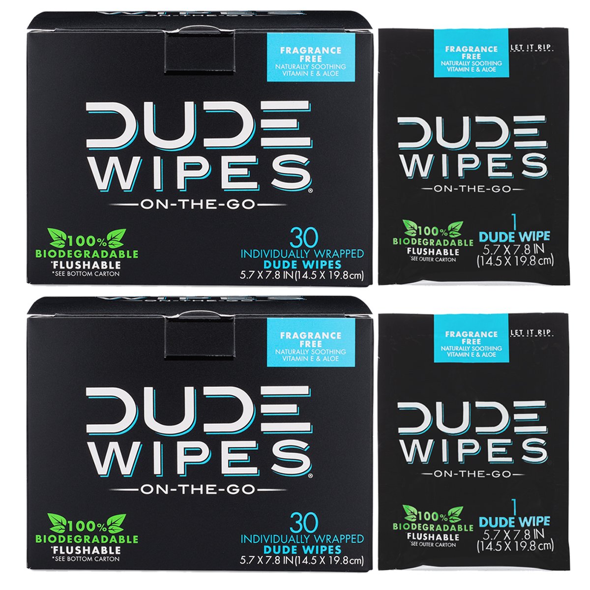 DUDE Wipes Flushable Wet Wipes Individually Wrapped for Travel, Unscented with Vitamin-E & Aloe, 100% Biodegradable (2 Pack, 60 Wipes)