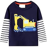 Frogwill Toddler Boys Excavator Long Sleeve Cartoon T Shirt Size 2-7 Years (4T, Navy-Striped)