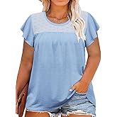 ROSRISS Plus-Size-Summer-Tops for Women Casual Ruffle Cap Sleeve Shirts Crewneck Eyelet Tunics