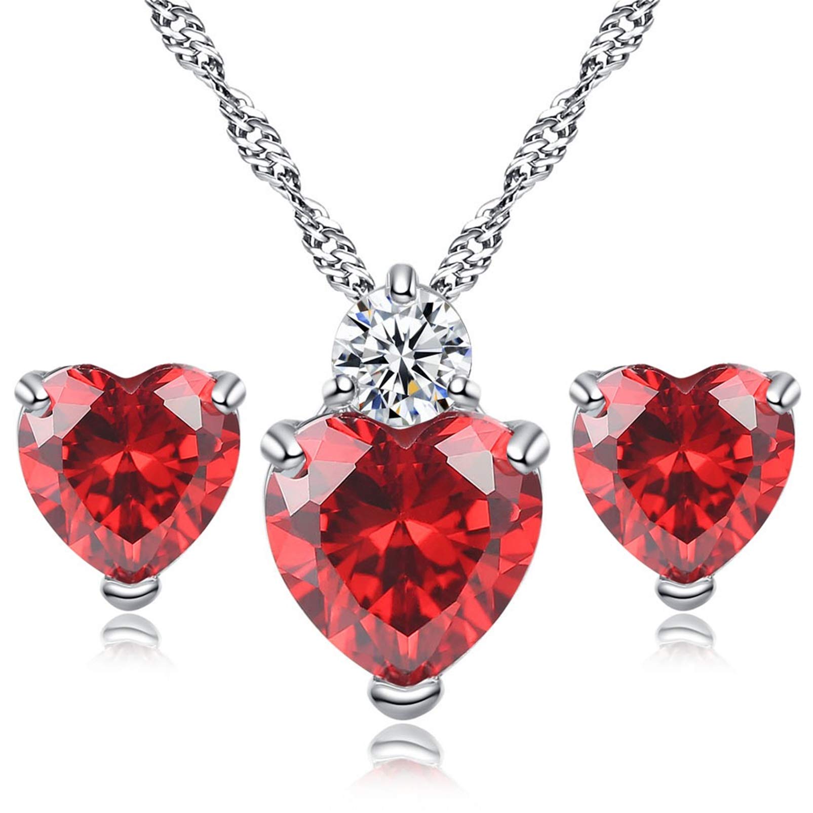 HMOOY Heart Crystal Pendant Necklace and Stud Earrings Set Silver Plated Crystal Jewellery GIFTSs Wedding Anniversary Set for Women (Red)