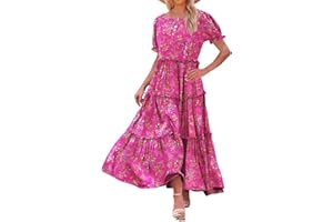 Generic Summer Dresses for Women 2024 Boho Floral Graphic Ruffles Maxi Dress Loose Fit Crewneck Vacation Beach Sun Dress