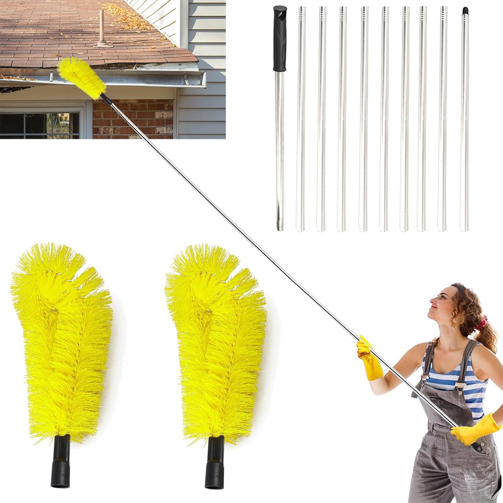 Telescopic Gutter Cleaning Brush - 12.7Ft Extendable Roof Gutter Cleaner Equipment, 2 Brushes & 10Pcs Telescopic Poles for Cleaning Leaves Window Gutter Hanging Light Spider Web, Yellow
