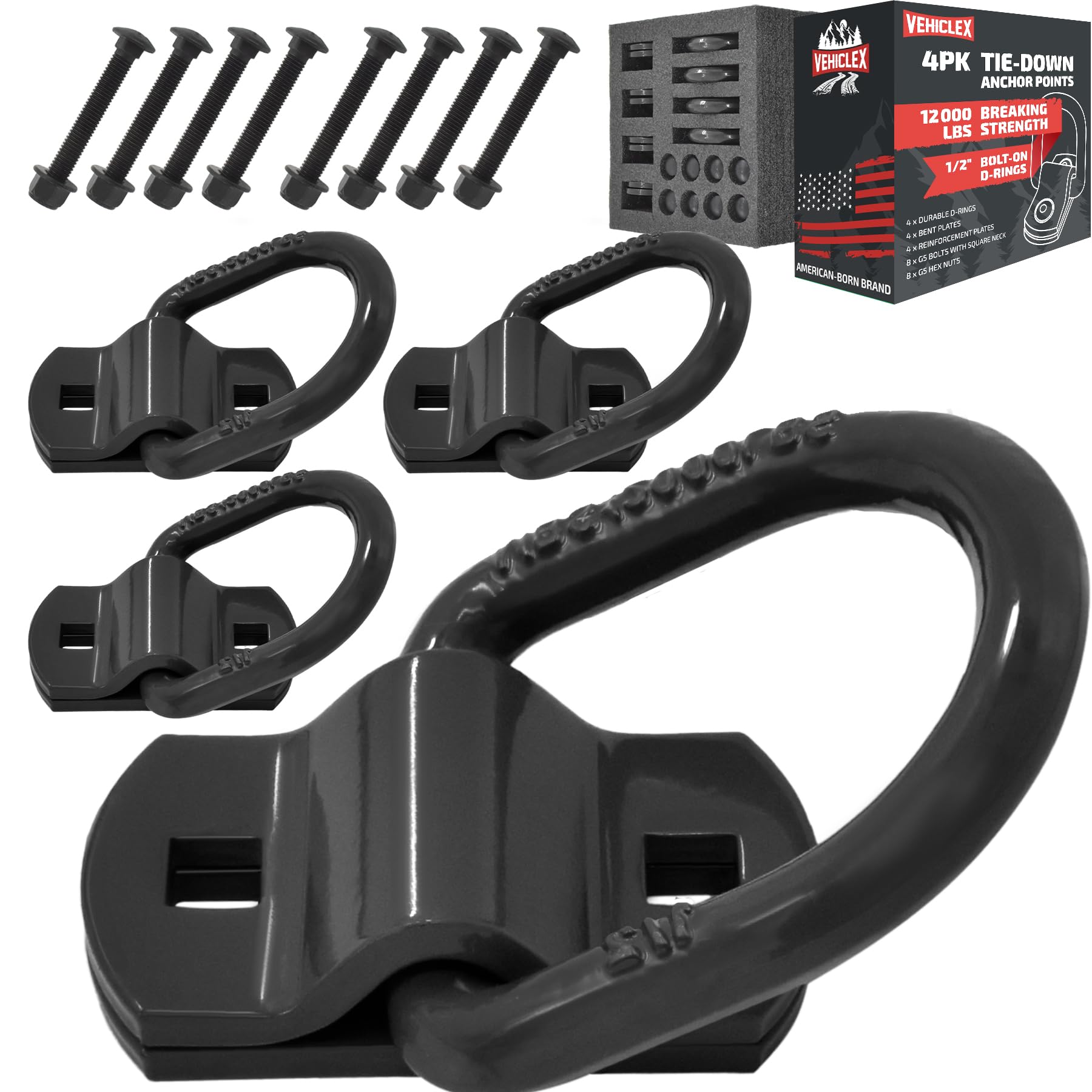 Photo 1 of **INCOMPLETE** Vehiclex Trailer Tie Down Bolt-On D Rings - Forged Anchor Points (4 Pack), 12,000 lbs Break Strength, 1/2" Heavy Duty Rings for Trailers (Black)