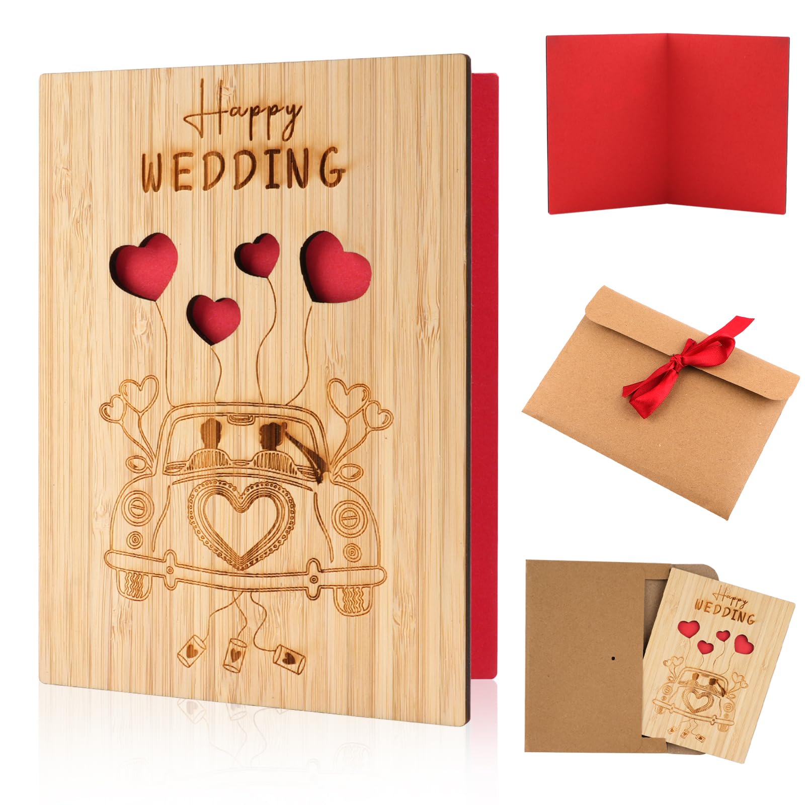 Wooden Wedding Card,15 x 11 CM Just Married Wedding Day Cards,Personalised Congratulations Card With Envelope for Bride Groom