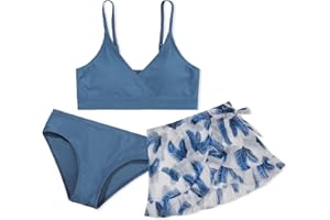 URMAGIC Girls 3 Piece Swimsuits Bathing Suit Cute Ruffle Floral Print Bikini Set with Skirt Kids Swimwear Size 9-14 Years