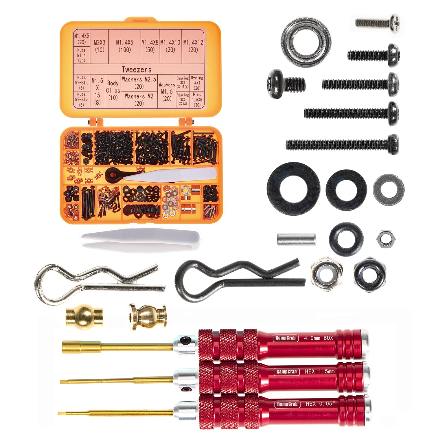 RampCrab Button Head Screws Kit for SCX24 & AX24 RC Car, 372Pcs, Come with Screwdriver, Hardened Steel Grade 12.9 Screws, Bearing & Hardwear with Box for 1/24 RC Car SCX24, AX24