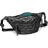 TWO KAT Metallic Quilted Crossbody Pack, Black with Teal Lining, Large | Multi-Pocket, Unisex, Sling Bag