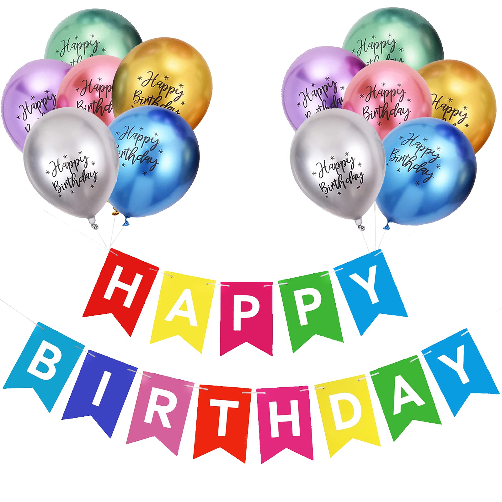 Happy Birthday Banner, Black Gold silver Party Decorations Happy Birthday Bunting Banners, 12 inch Happy Birthday Balloons Perfect for Birthday Party Decorations (MIX)