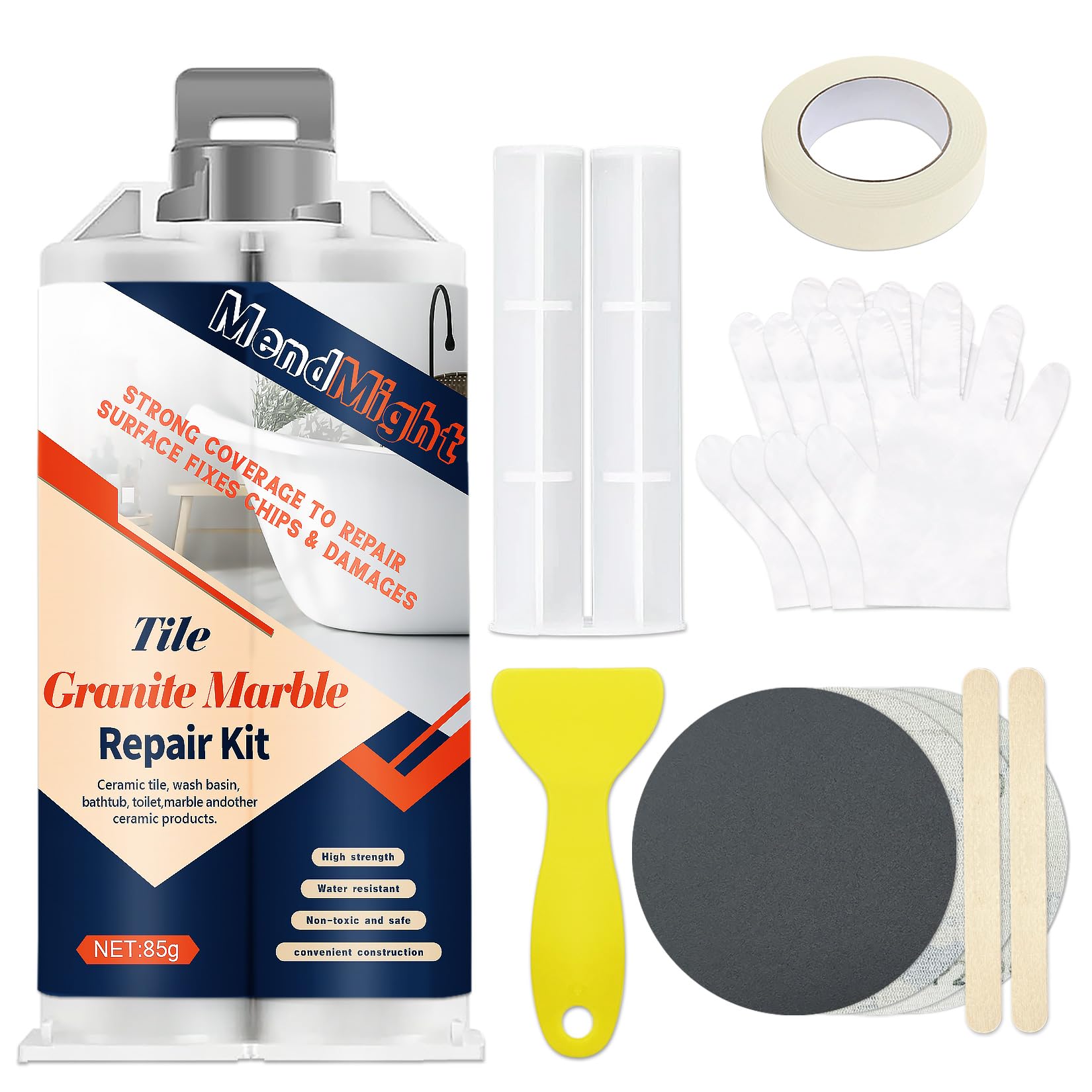 MendMight Tile, Granite and Ceramic Tile Repair Kit, Tub Fibreglass Repair Epoxy Adhesive, Shower Tray Repair Kits for Chips, Cracks, Scratches on Granite, Marble, Quartz Worktops