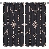 Western Curtains Bull Skull Boho Aesthetic Aztec Art Print for Bedroom Living Room Kitchen Decor Rod Pocket Blackout Window Drape 42x45in