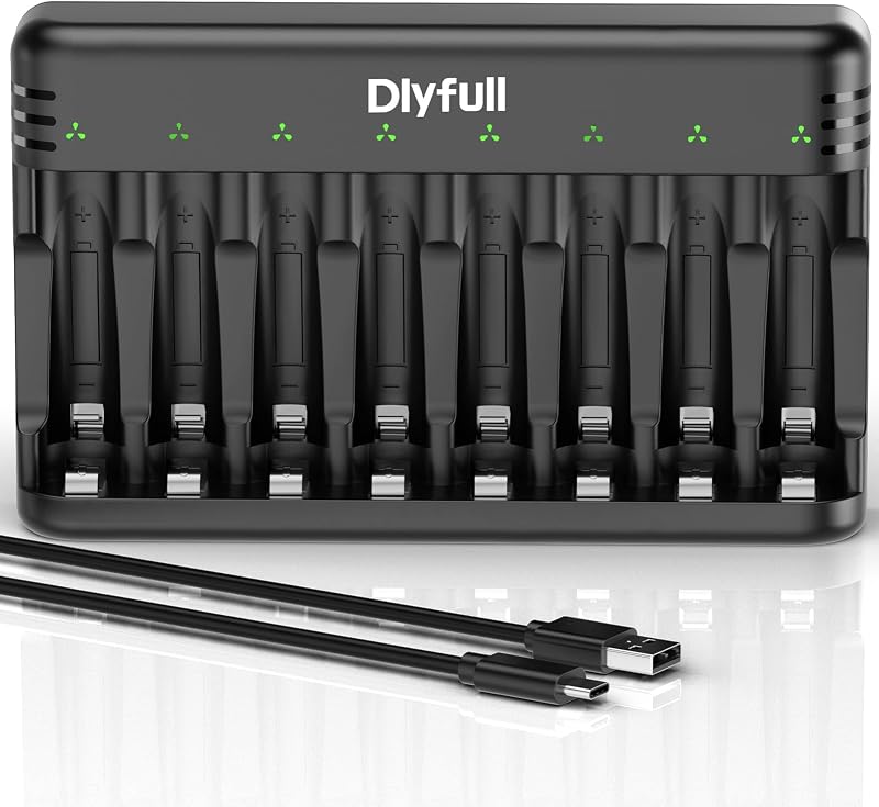 DLYFULL 8 Bay AA AAA Battery Charger USB-C Fast Charge Independent Slots