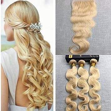 Ugeat 8 Inch Body Wave Blonde Human Hair Lace Closure With 3