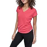 DKNY Womens Short Sleeve V-Neck Tech Ruched Side Seam Active T-Shirt