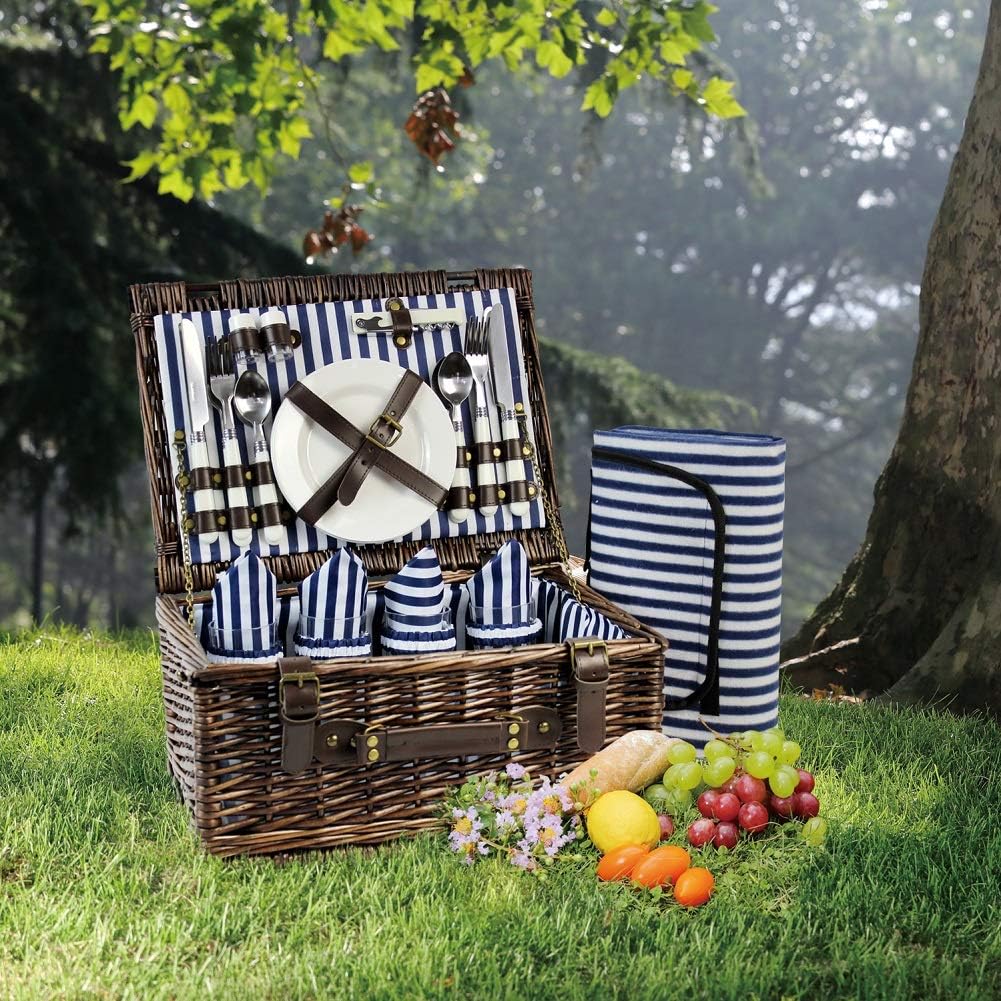 INNO STAGE Wicker Picnic Basket for 4, Picnic Set for 4,Willow Hamper Service Gift Set for Camping and Outdoor Party Best Gifts: Home & Kitchen
